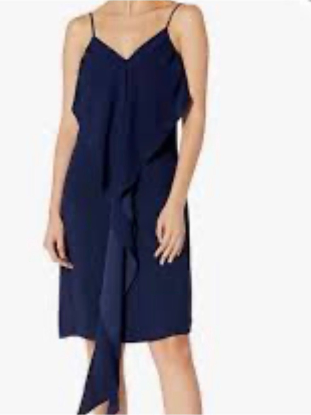 Trina Turk Navy Ruffle-Front Spaghetti-Strap Midi Dress